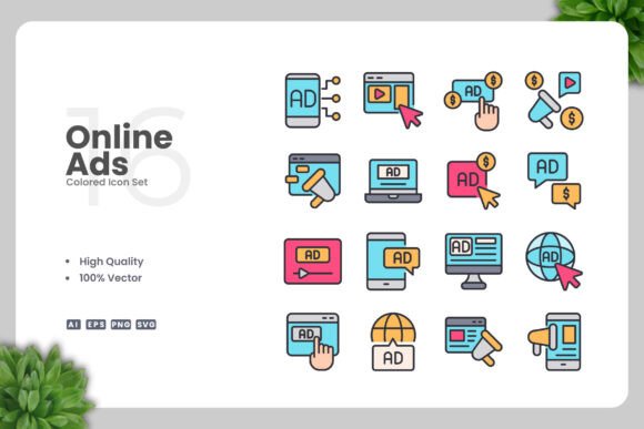 Online Ads Colored Icons for Graphics and Branding